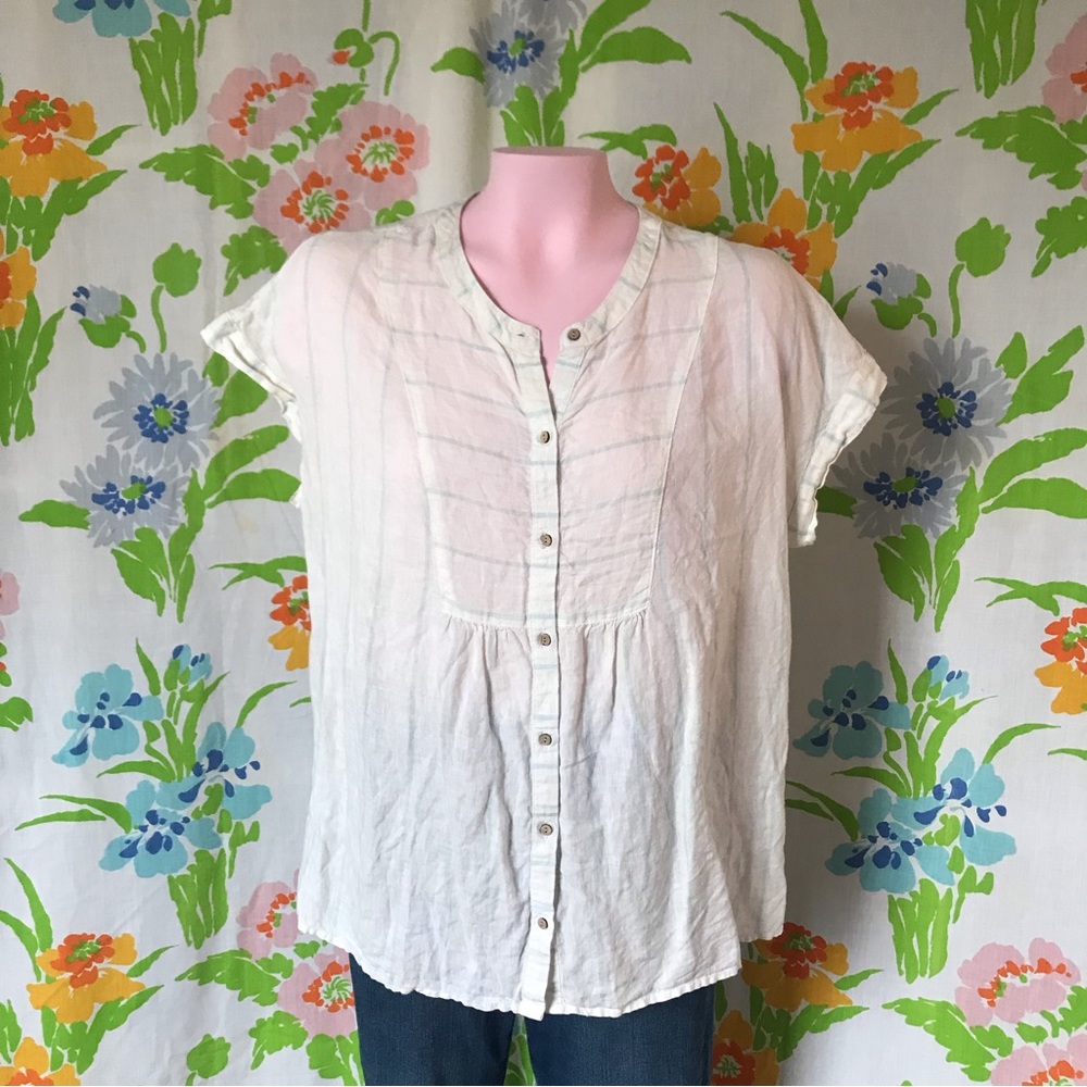Christian Siriano 100% Linen White Blue Short Sleeve Button Front Blouse Tunic S